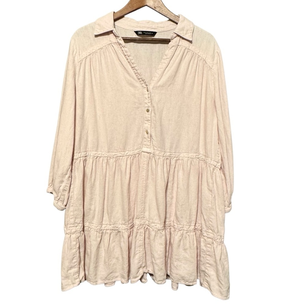 ZARA Linen Blend Pink Pastel Tiered Babydoll Button Collared Neckline Mini Dress - Picture 4 of 10